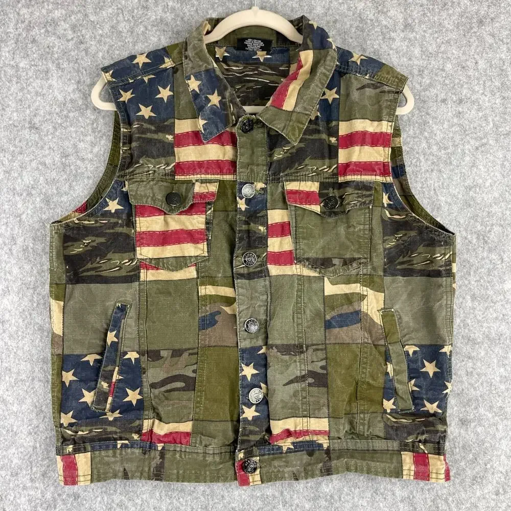 Diamond Stash Vest Mens Medium Ripstop US Flag Camo Distressed Rugged Biker